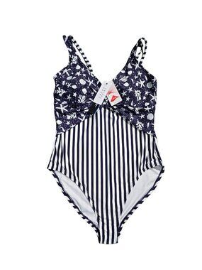 NWT | Oceana Navy & White Striped Shell Print One Piece Swimsuit | XXL